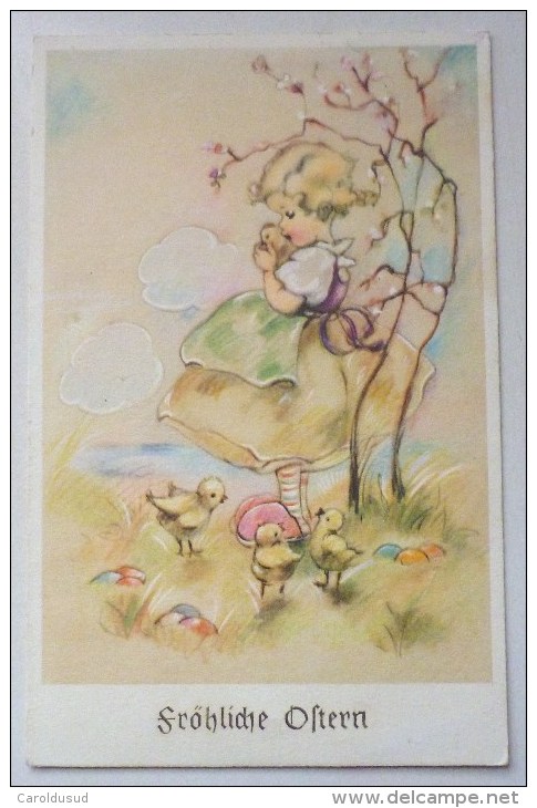 Litho Illustrateur COLOPRINT Special 1673/1 Erna Maison Fille Fillette Poussins Voyagé Geneve 1950 Timbre Pro Infirmis - Pasen